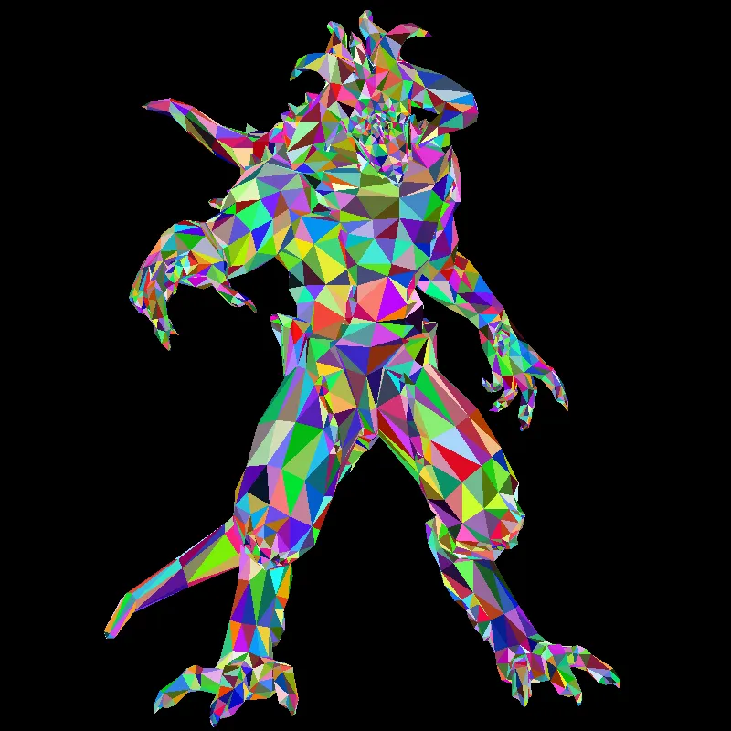 A low-poly creature model rendered with a random colour per triangle