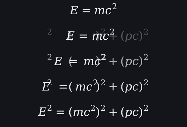 E = mc² transforming step by step into the full energy–momentum relation